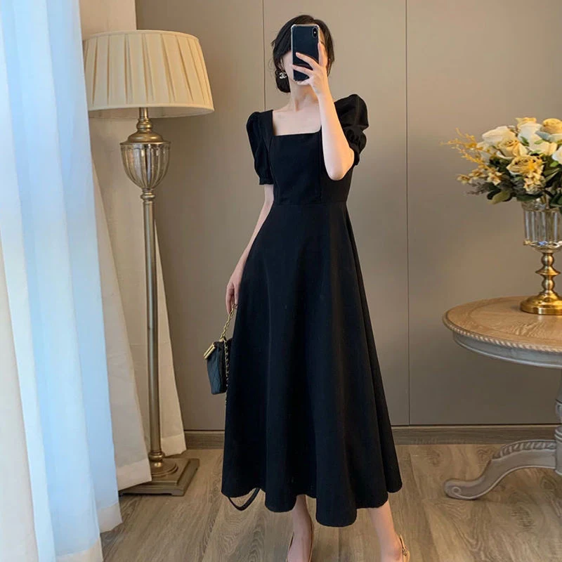French Vintage Square Neck Wrapped Waist Slim Dress, offering a flattering fit and timeless style for any event. — photo 1