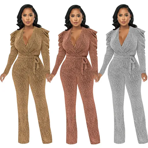 Title 19, Sexy Waist Trimming V-neck Puff Sleeve Glossy K...