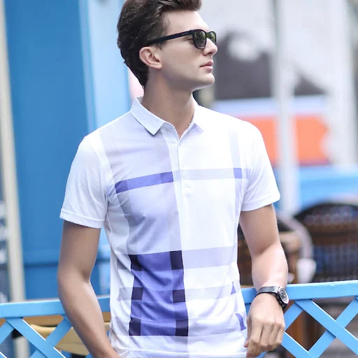 Title 6, Middle-aged Plaid Lapel Mercerized Cotton T-shirt