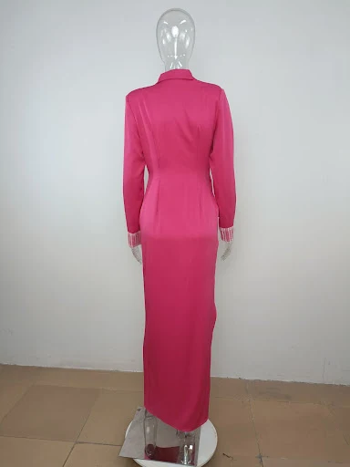 Title 7, Rose Red Suit Collar Deep V Split High Waist Dress