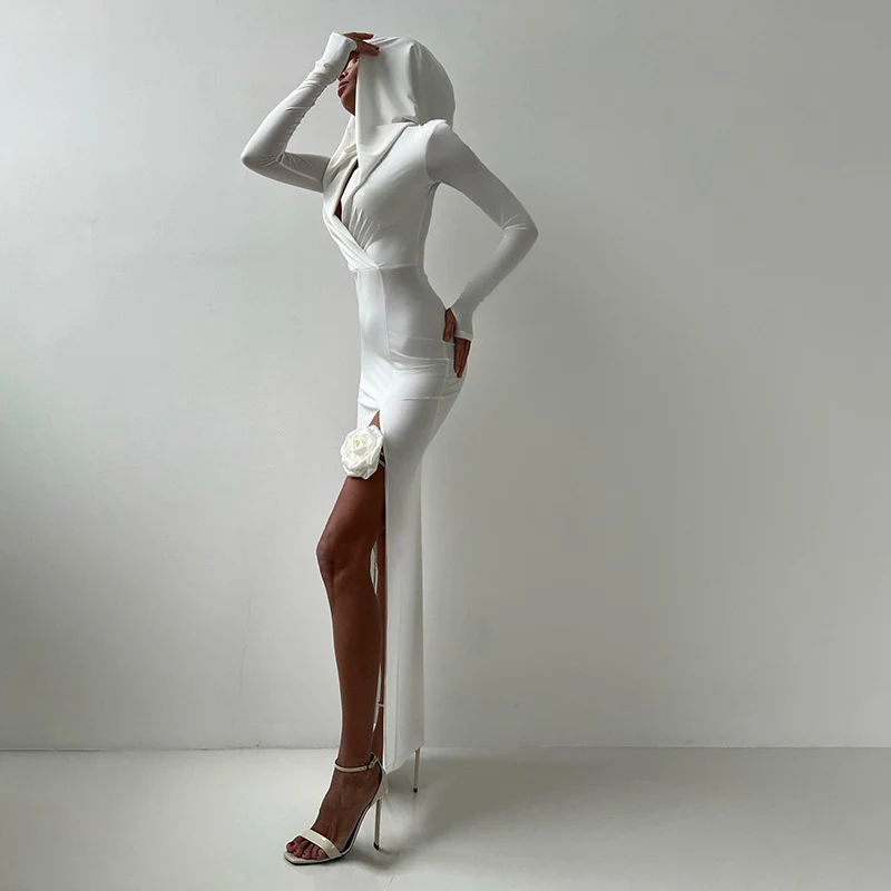 Title 3, Solid Color Deep V Side Slit Slim Fit Hooded De...