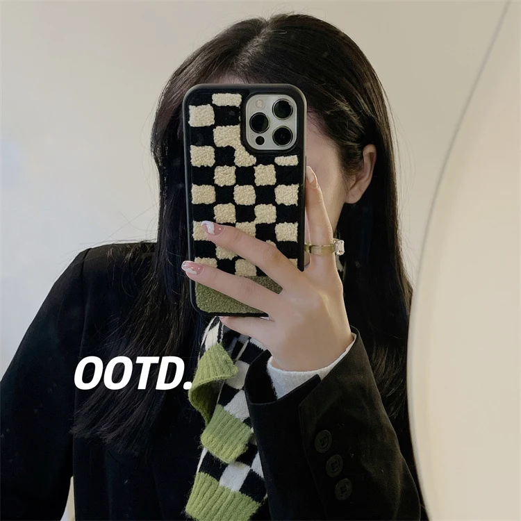 Title 3, Plush Black Beige Green Plaid Phone Case. Styli...