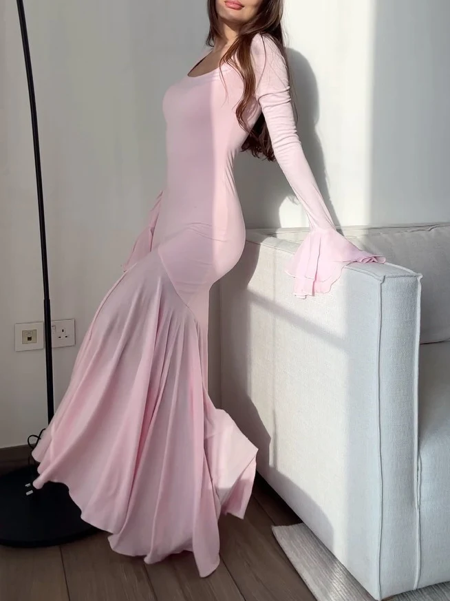 Solid Color Double Layer Ruffle Sleeves Maxi Dress — photo 1