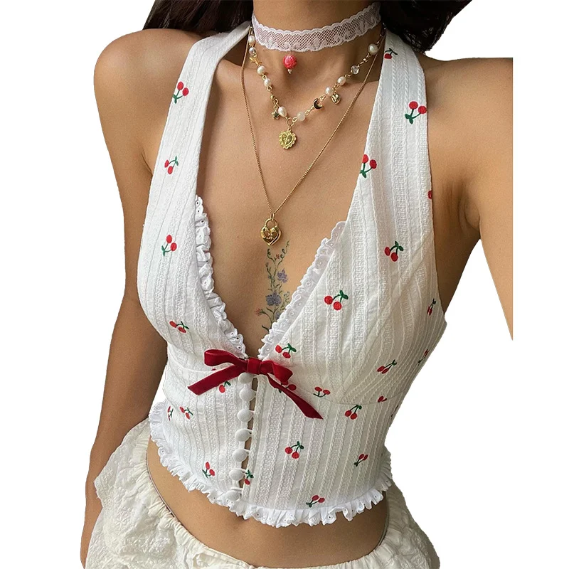 Top curto feminino com decote em V profundo e estilo halter. Simples e elegante, ideal para looks modernos e frescos. Perfeito para o verão. — foto 2