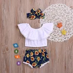 Conjunto 3 peças bebê shorts florais, gola com babados e faixa de cabeça. Look fofo e confortável para sua pequena. Perfeito para o verão. — foto 21