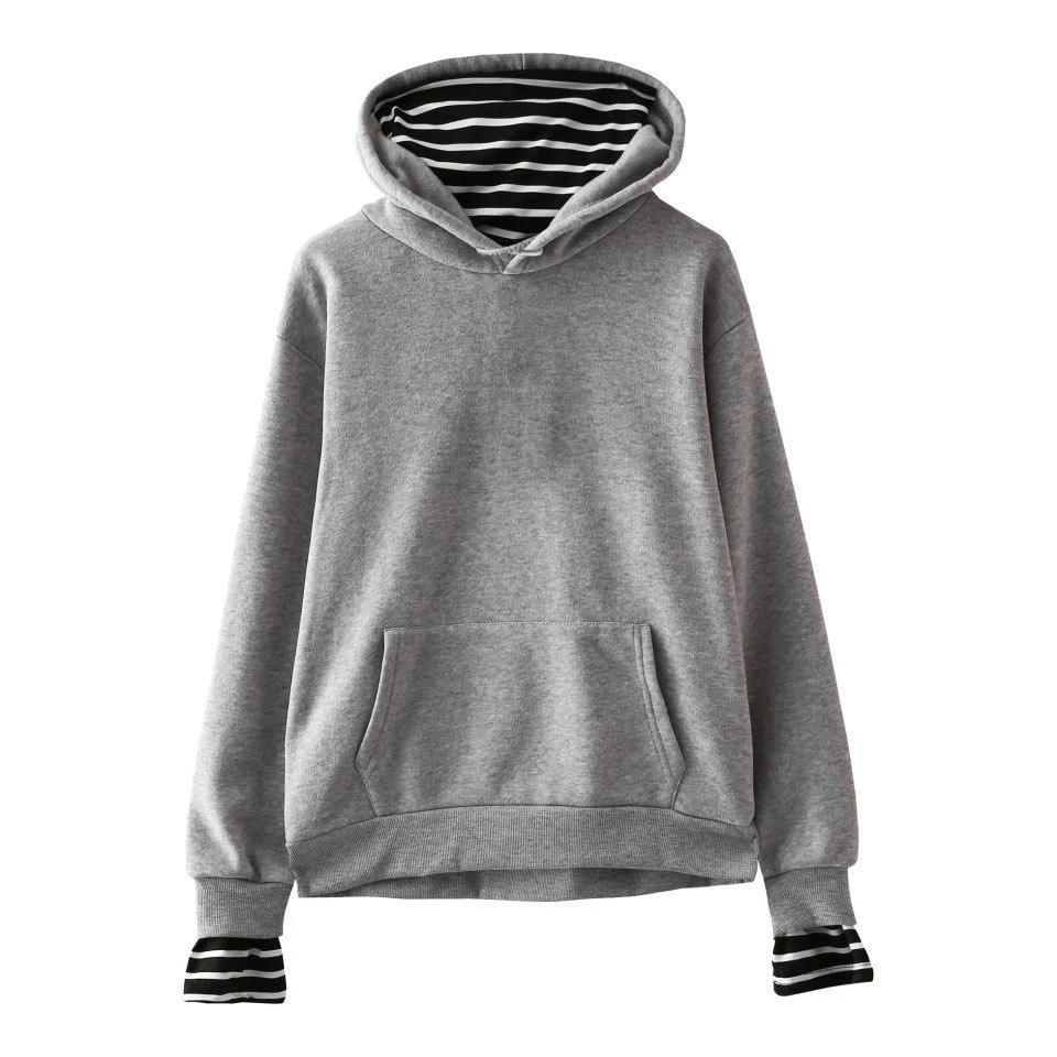 Einfarbiger falscher zweiteiliger Kapuzenpullover aus Fleece mit gestreiften Ärmelschonern im koreanischen Stil, trendige Kapuzen-Blank-Fake-Zweiteile — foto 12