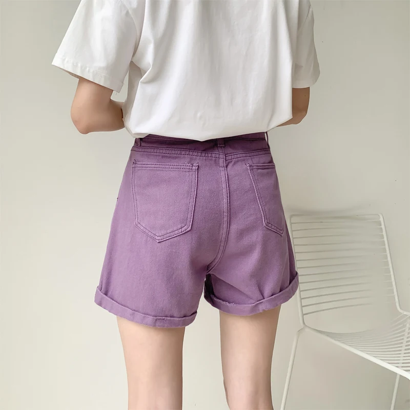 Paarse ripped denim shorts voor dames hoge taille losse A-lijn wijde pijpen broek, perfect voor een casual en comfortabele zomerlook — foto 4