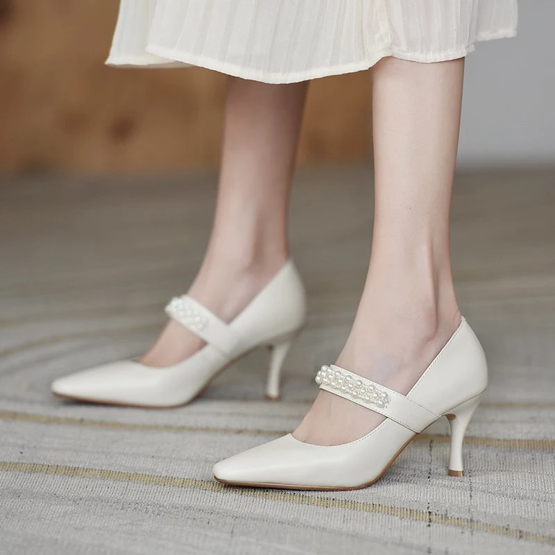Title 5, Womens Soft Leather Pearl High Heels, Elegant ...