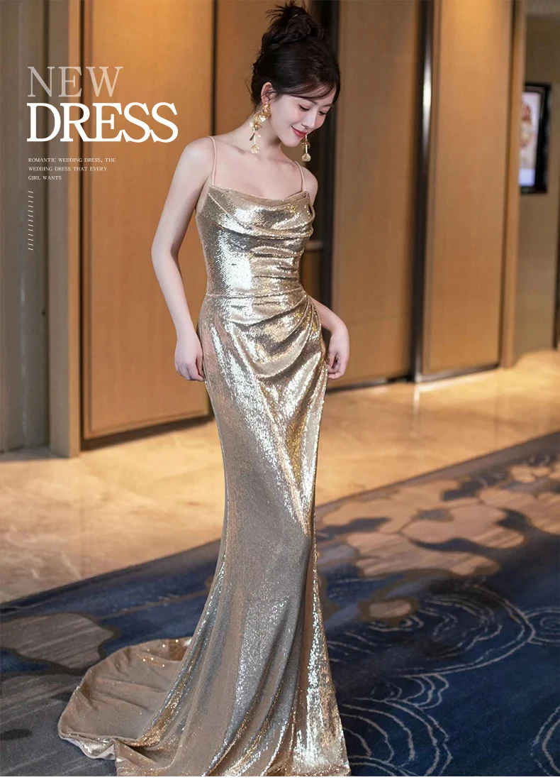 Title 2, Gold Evening Womens Backless Sequin Sling Fish...