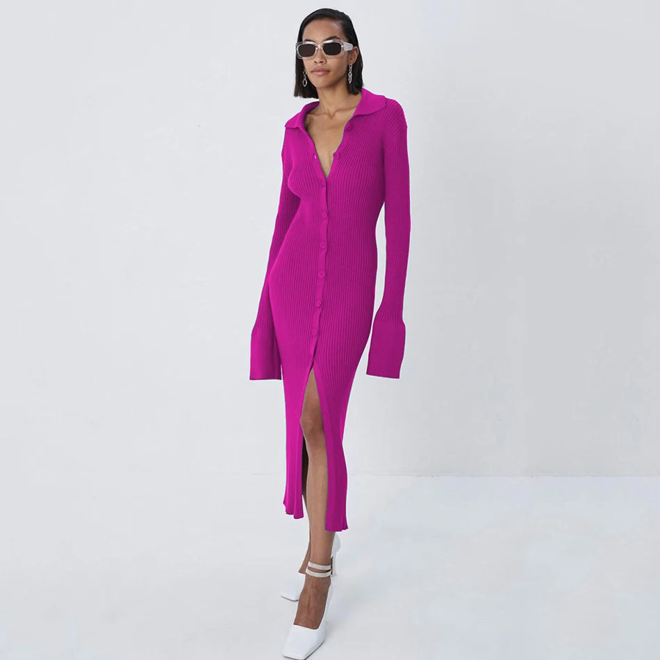 Vestido Suéter Decote V, Manga Longa Flare com Botões – Conforto e Elegância em uma peça, perfeito para looks charmosos e quentinhos — foto 1