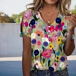 Fashionable All-match Watercolor Floral V-neck Short Sleeve Dress offers a stylish and versatile look, perfect for casua — photo 5