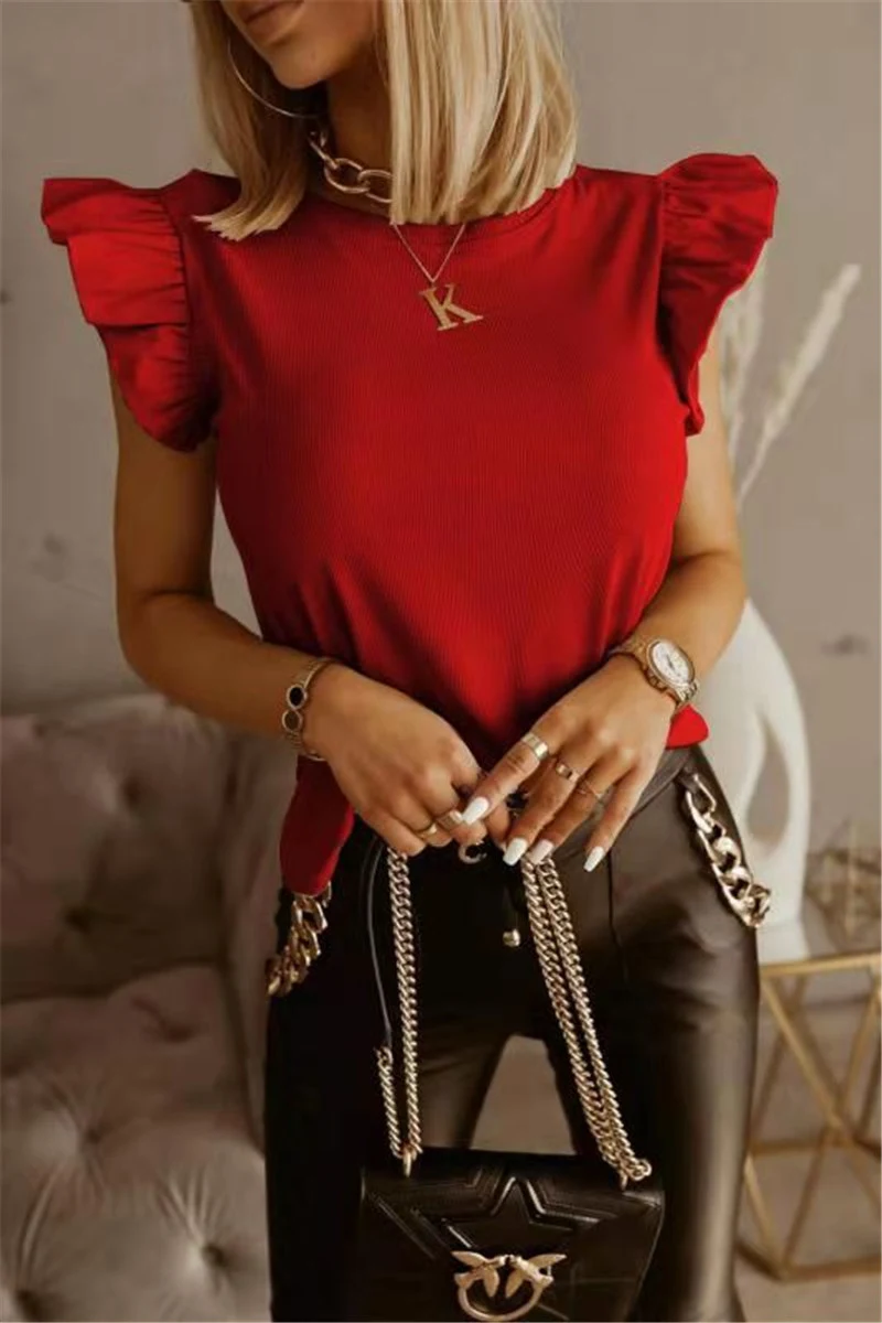 Women's short-sleeved T-shirt with ruffled straps and hollow back in solid color, offering a stylish and comfortable eve — photo 3