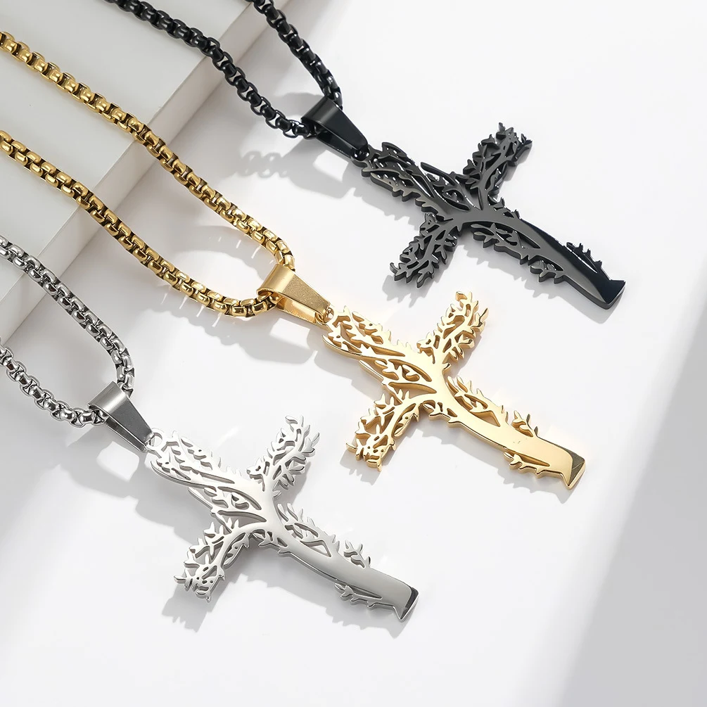 Colar cruzado de árvore da sorte em aço inoxidável, estilo europeu e americano, personalidade para homens e mulheres, presente perfeito. — foto 1