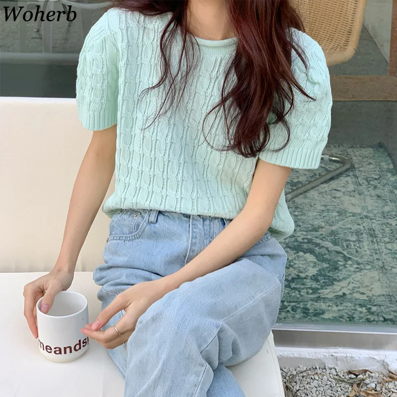 Sanfter Wind Rundhalsausschnitt Hohl Puffärmel Strickpullover Kurzarm T-Shirt Damen Top — foto 2