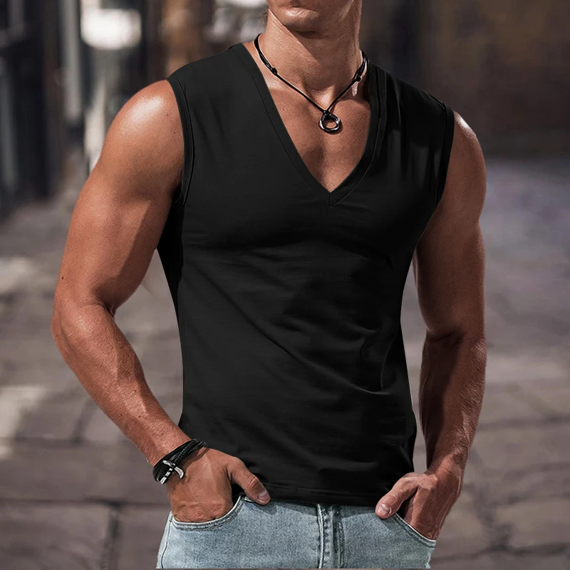 Men's Solid Color Large V-neck Loose Vest. Comfortable and versatile for everyday wear and layering. Perfect for a relax — photo 1