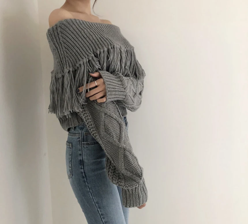 Title 8, Fringed Off-shoulder One-neck Knitted Long-slee...