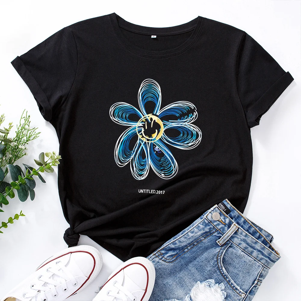 European and American cotton loose round neck creative flower short sleeve shirt, comfortable and stylish for everyday w — photo 25