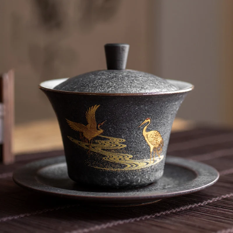 Ceramic Lid Bowl Teacup Single Stone Pottery Tea Set Kung Fu Hand-painted. Experience the art of tea with this beautiful — photo 3