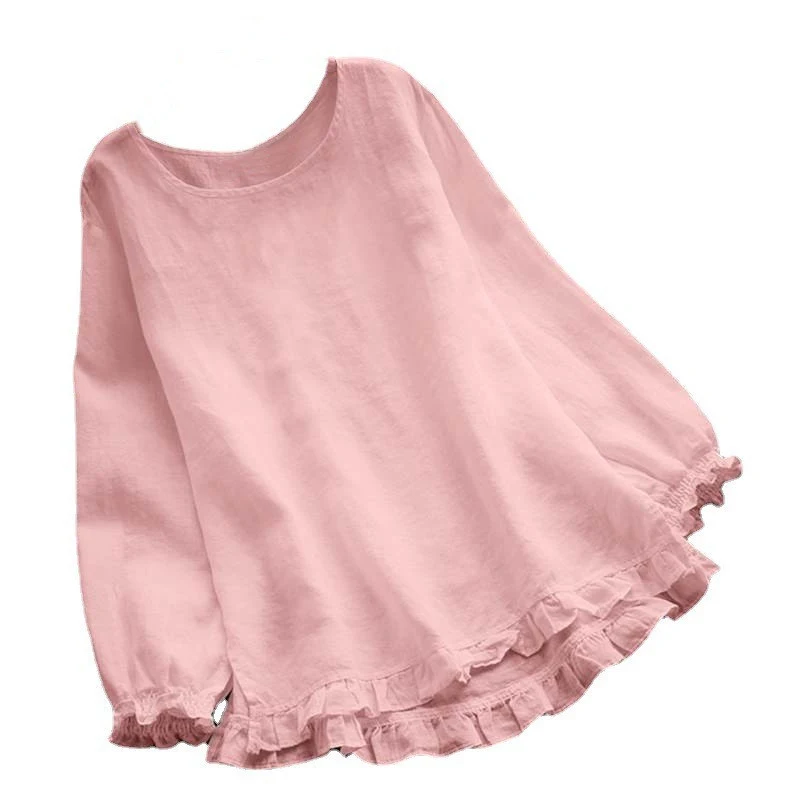 Camisa feminina de algodão e linho, manga longa, punho com babados, solta, gola redonda e cor sólida. Conforto e estilo para você. — foto 9