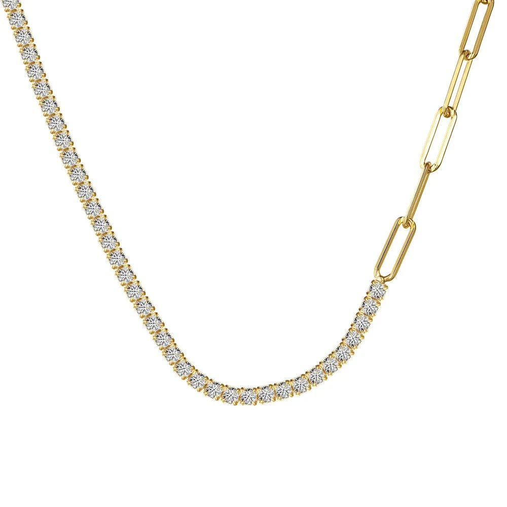 Colar de tênis em prata S925 com zircônio branco redondo, corrente clip, design de duas peças. Elegância e brilho para você. — foto 5