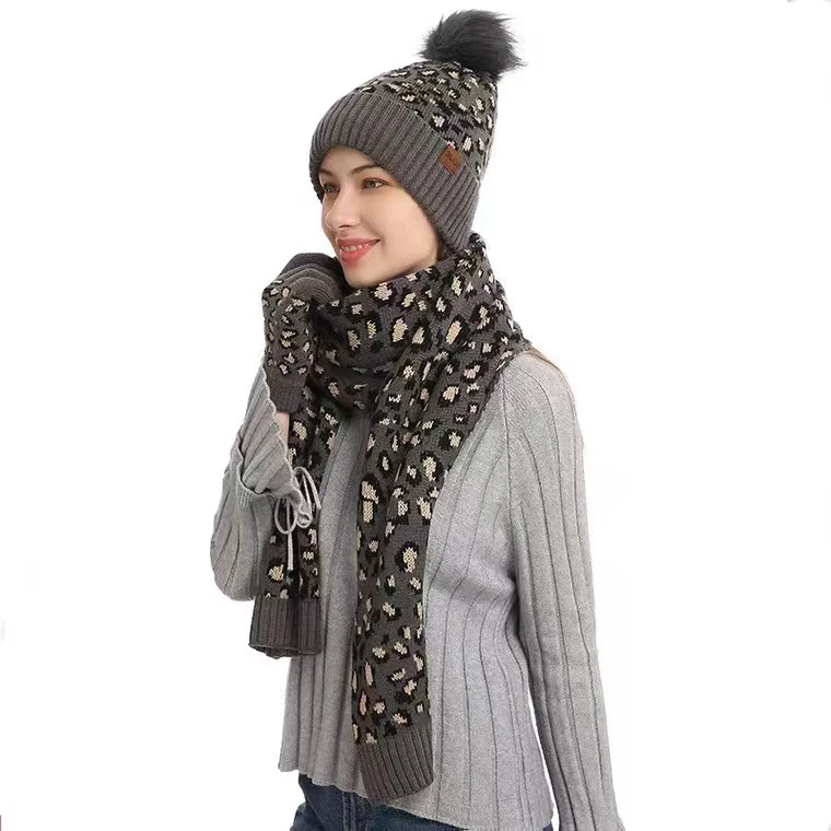 Title 7, Winter Leopard Print Warm Knitted Wool Hat Scar...