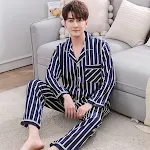 Pigiama per coppia in finta seta a righe da donna e da uomo in seta per la casa, abito sottile con risvolto in stile coreano — foto 4