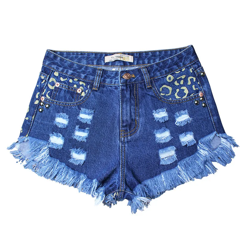 Hot Sale Zerrissene Denim Shorts mit hoher Taille und Nieten. Lockere, bedruckte Hose für einen trendigen, lässigen Look. Bequem und stilvoll. — foto 5