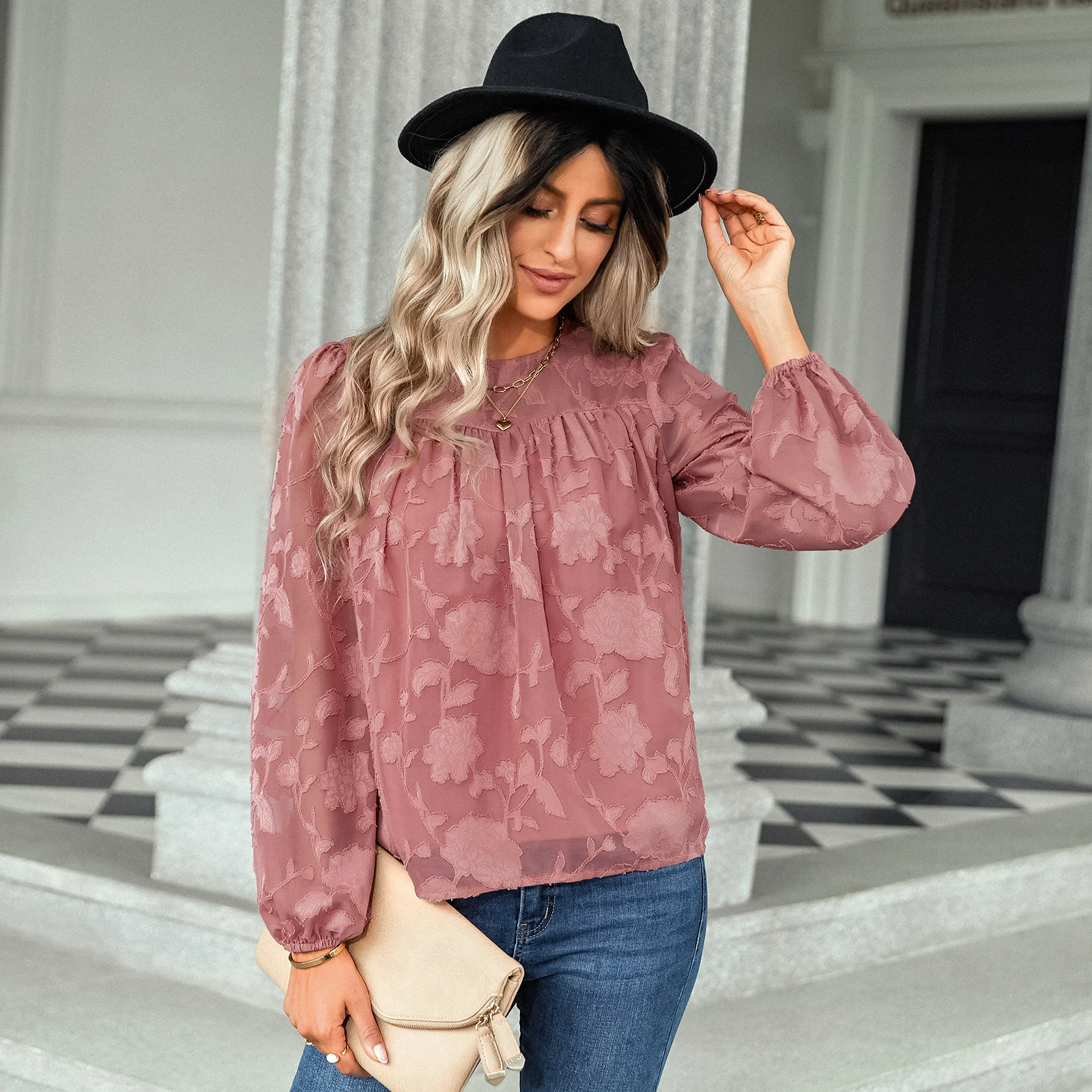 Title 7, Womens Loose Chiffon Shirt Jacquard Crew Neck ...