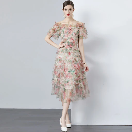 Title 4, High Waist Mesh Vacation Style Dress