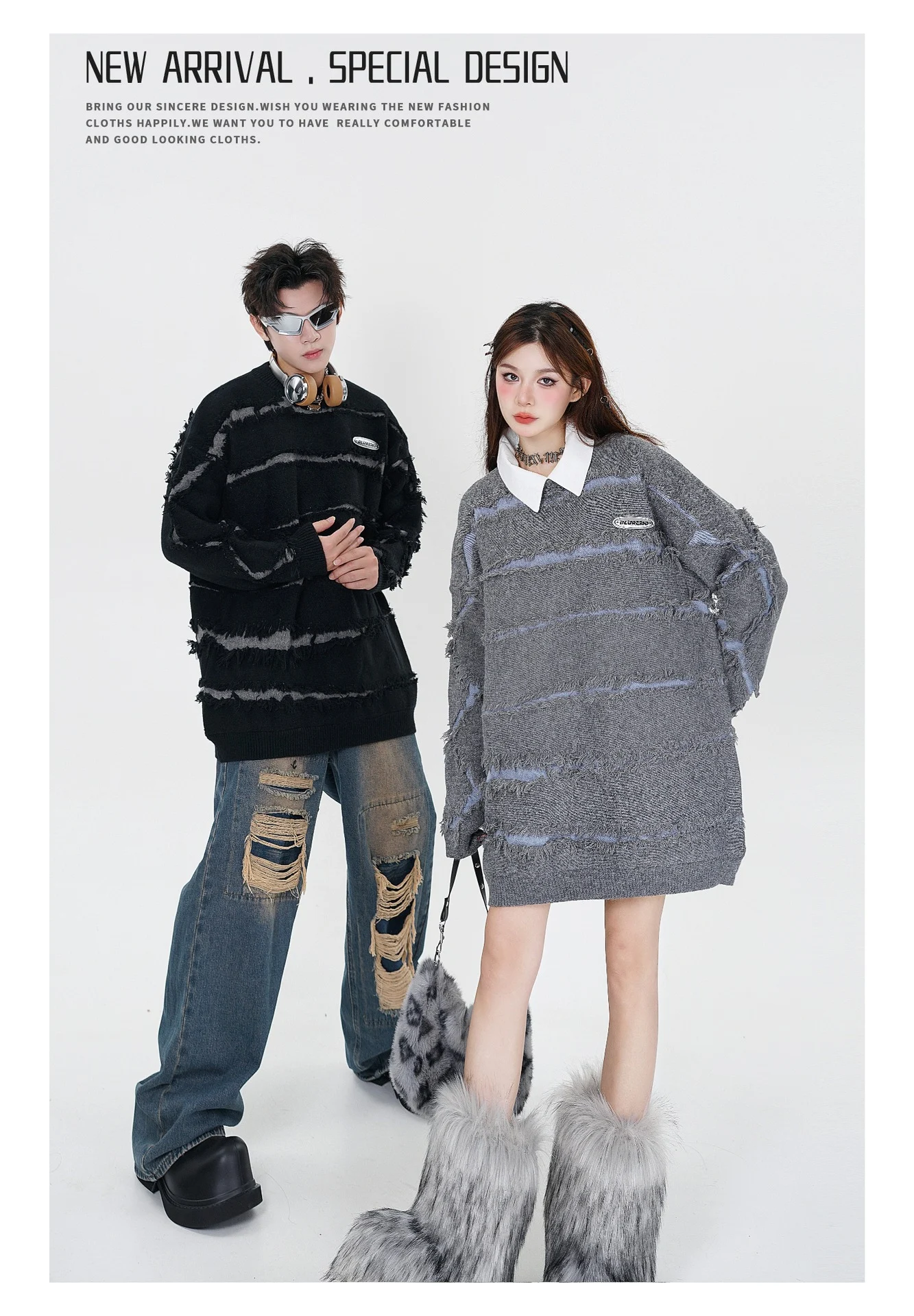 Irregular cut deformed striped solid color sweater for a unique and stylish look. Provides all-day comfort with a modern — photo 5
