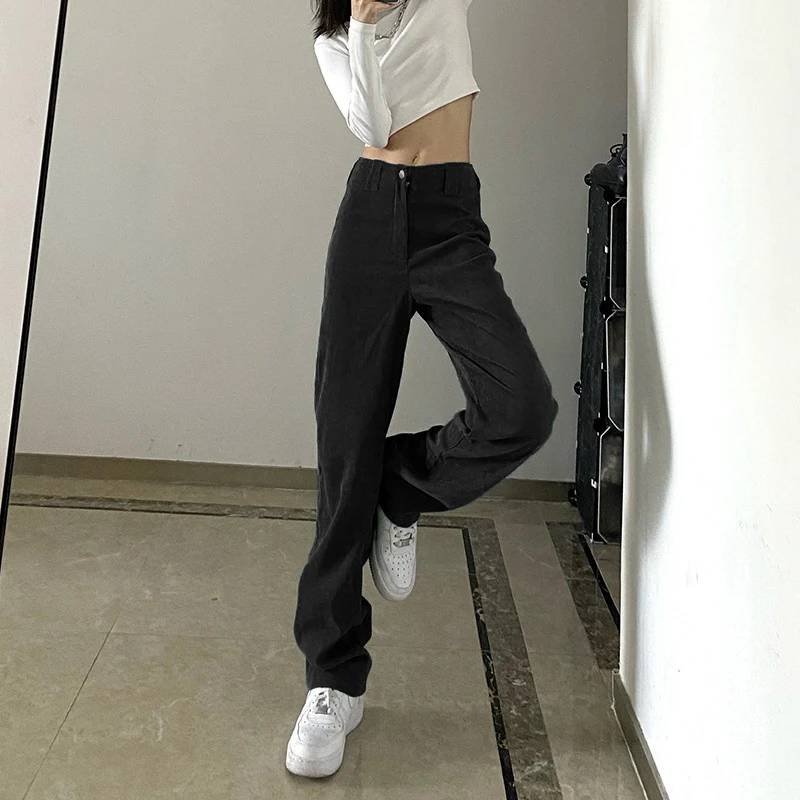 Pantalones Rectos Casuales de Corduroy de Cintura Alta para Mujer, Color Sólido, Ajuste Cómodo y Versátil, Perfectos para el Día a Día. — foto 6