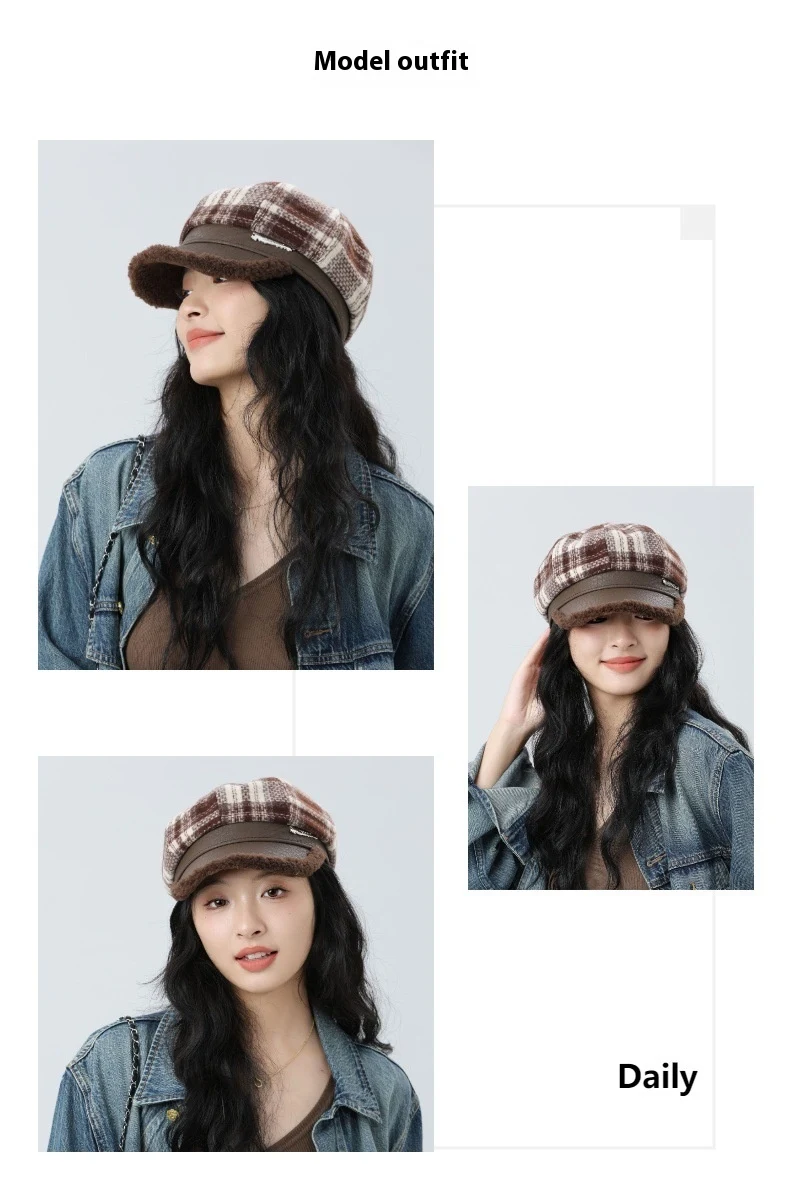 Title 3, Retro Plaid Octagonal Hat Thick Stitching Leath...