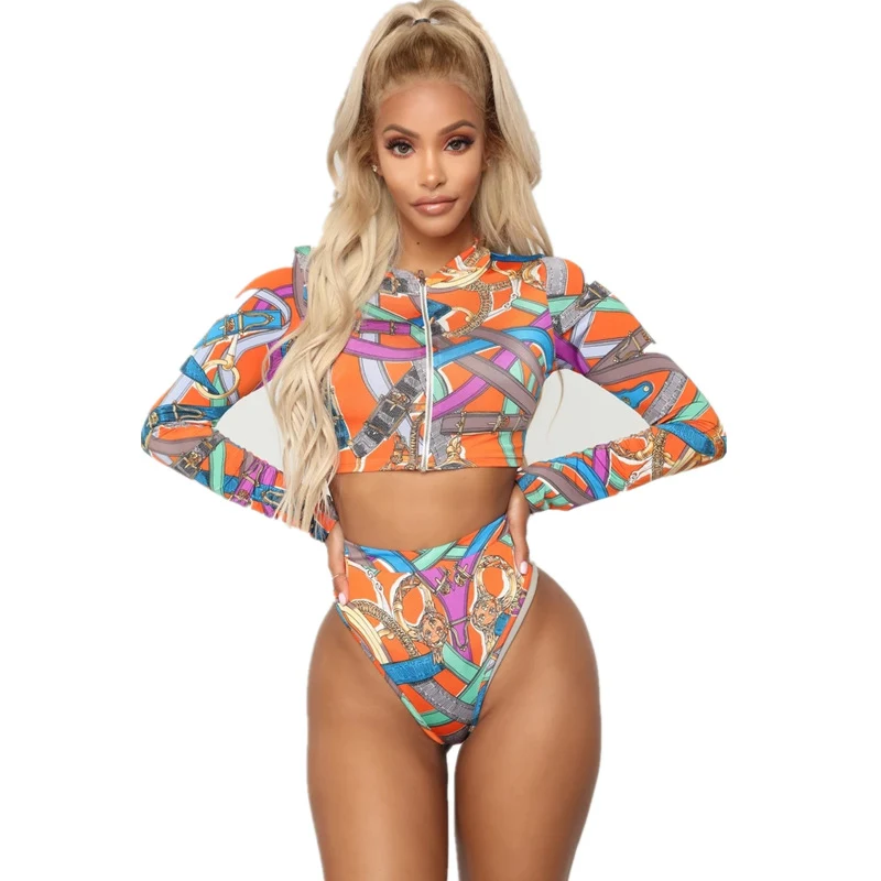 Traje de baño bikini sexy Amazon AliExpress con cremallera dividida, manga larga multicolor. Perfecto para lucir sensualidad en la playa o piscina. — foto 6