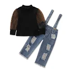 Conjunto infantil feminino, top com mangas de tela e calças jeans com suspensórios, perfeito para um visual moderno e confortável, ideal para meninas. — foto 4