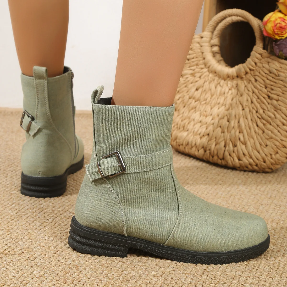 Botas femininas com estampa floral Botas de cowboy retrô com fivela e salto grosso Zíper lateral Outono e inverno Bico redondo — foto 7