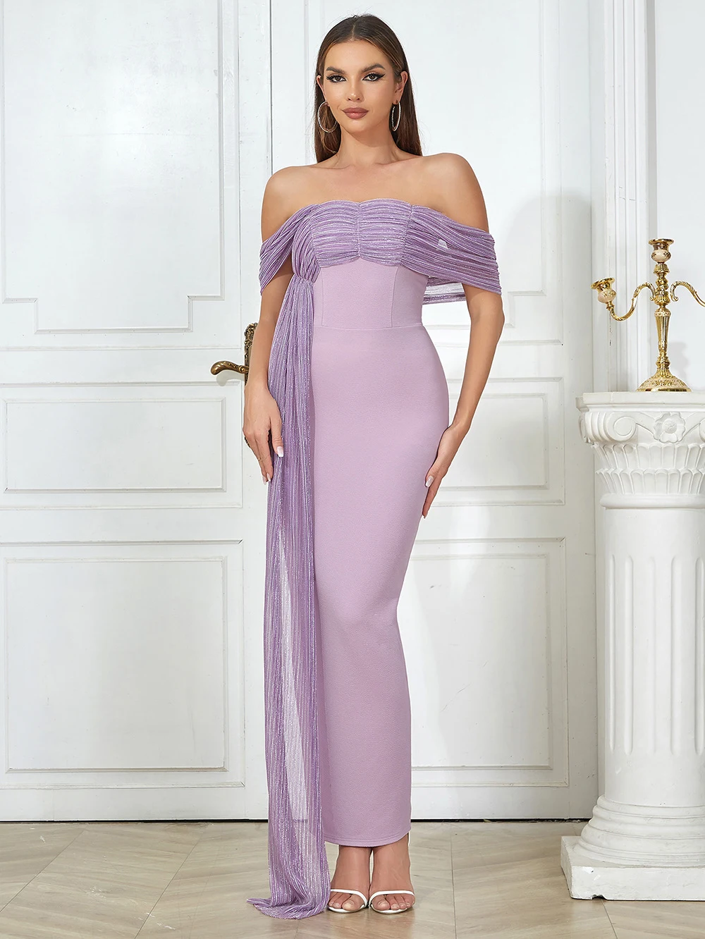 Women's Off-shoulder Pleated Long Purple Dress with Hip Bag Style, combining elegance and comfort for special occasions — photo 4