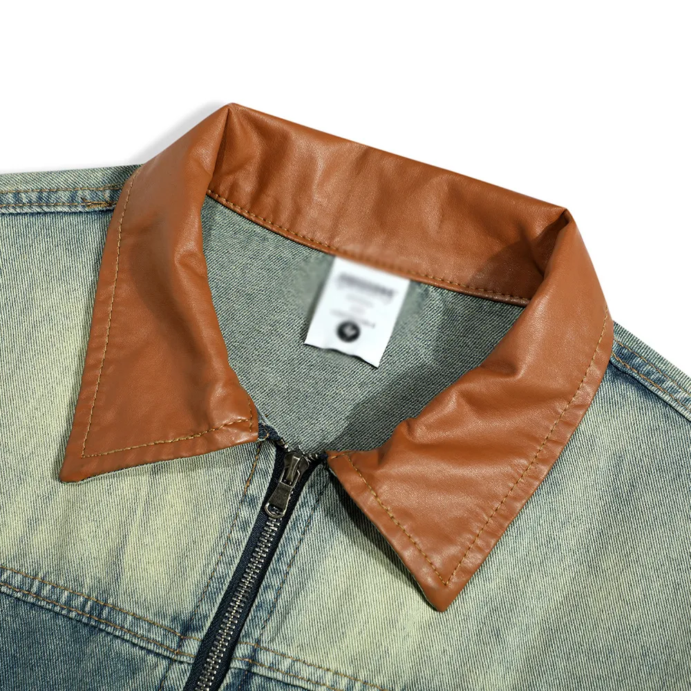 Jaqueta masculina primavera/outono em couro PU com lapela, zíper e combinação de cores. Conforto e estilo para um visual moderno em diversas ocasiões. — foto 17