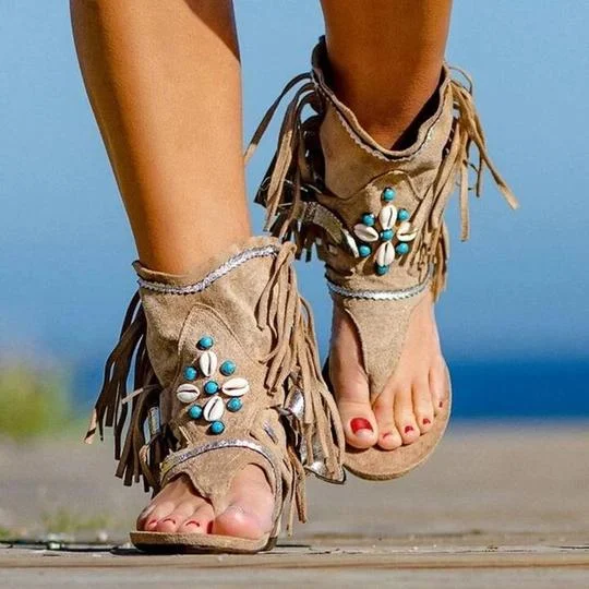 Title 1, Ladies Fringed Beaded Finger Beach Sandals for ...