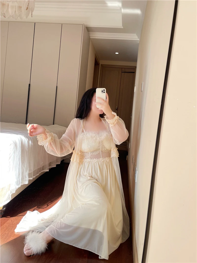 Title 4, French Mesh Lace Cutout Sling Nightdress Two-pi...