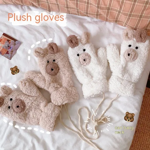Title 3, Winter Warm Cartoon Bear Plush Gloves Halter Al...