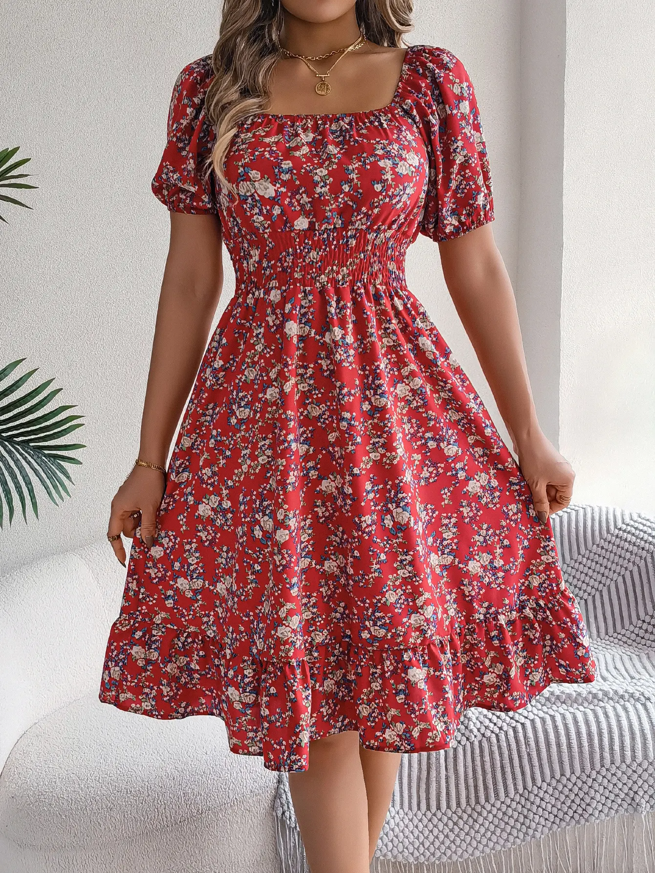 Title 27, Floral Print Square Collar Dress Summer Fashion...