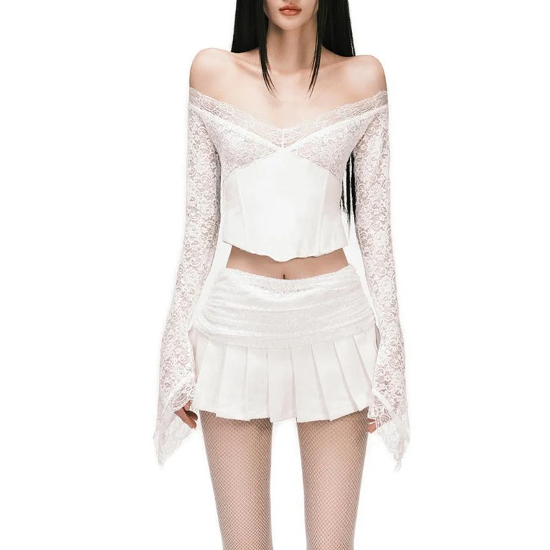 Women's Fashion Low-cut Lace Mesh Long Sleeve Stitching Ruffle Skirt Suit, perfect for a stylish and sophisticated look. — photo 26