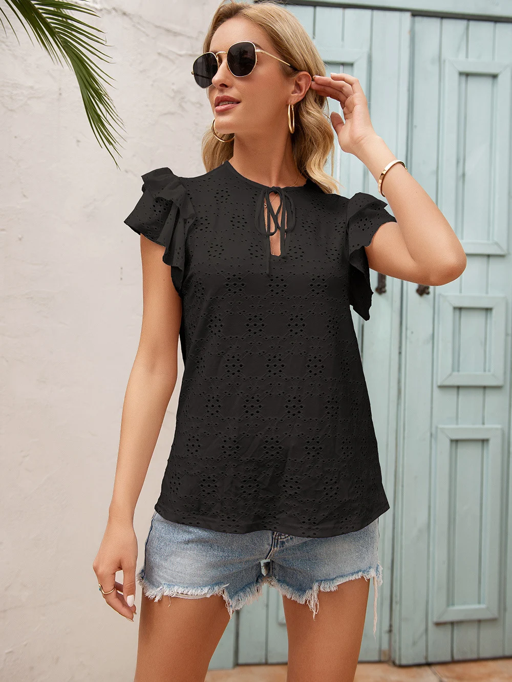 Title 10, Womens Chain Link Cutout Tie Round Neck Ruffle...