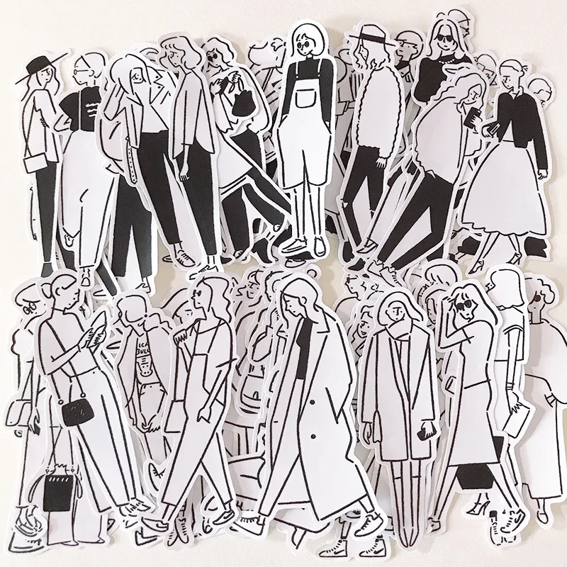 Title 5, Black and White Character Sticker, Simple Girl,...