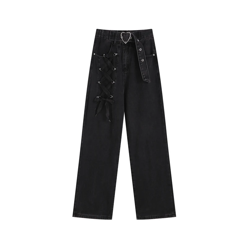 Calças jeans femininas Love de verão, retas, soltas, com alças e design de nicho, pernas largas, perfeitas para o calor. — foto 5