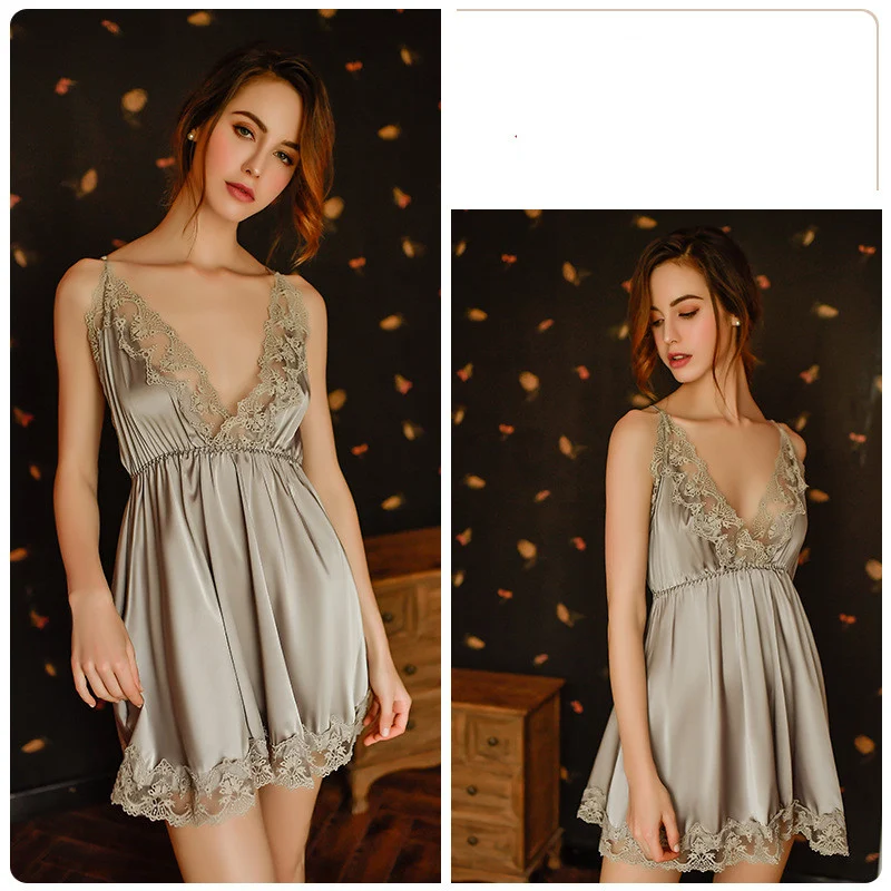 Camisola de cetim com decote em V profundo e renda sólida, para noites elegantes e confortáveis, perfeita para dormir e relaxar em casa. — foto 1