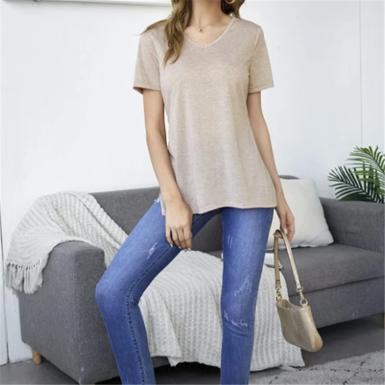 V-neck Side Seam High Slit Casual Short Sleeves — photo 1