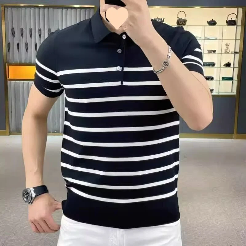 Title 6, Lightly Mature Personality Striped Lapel Knitte...