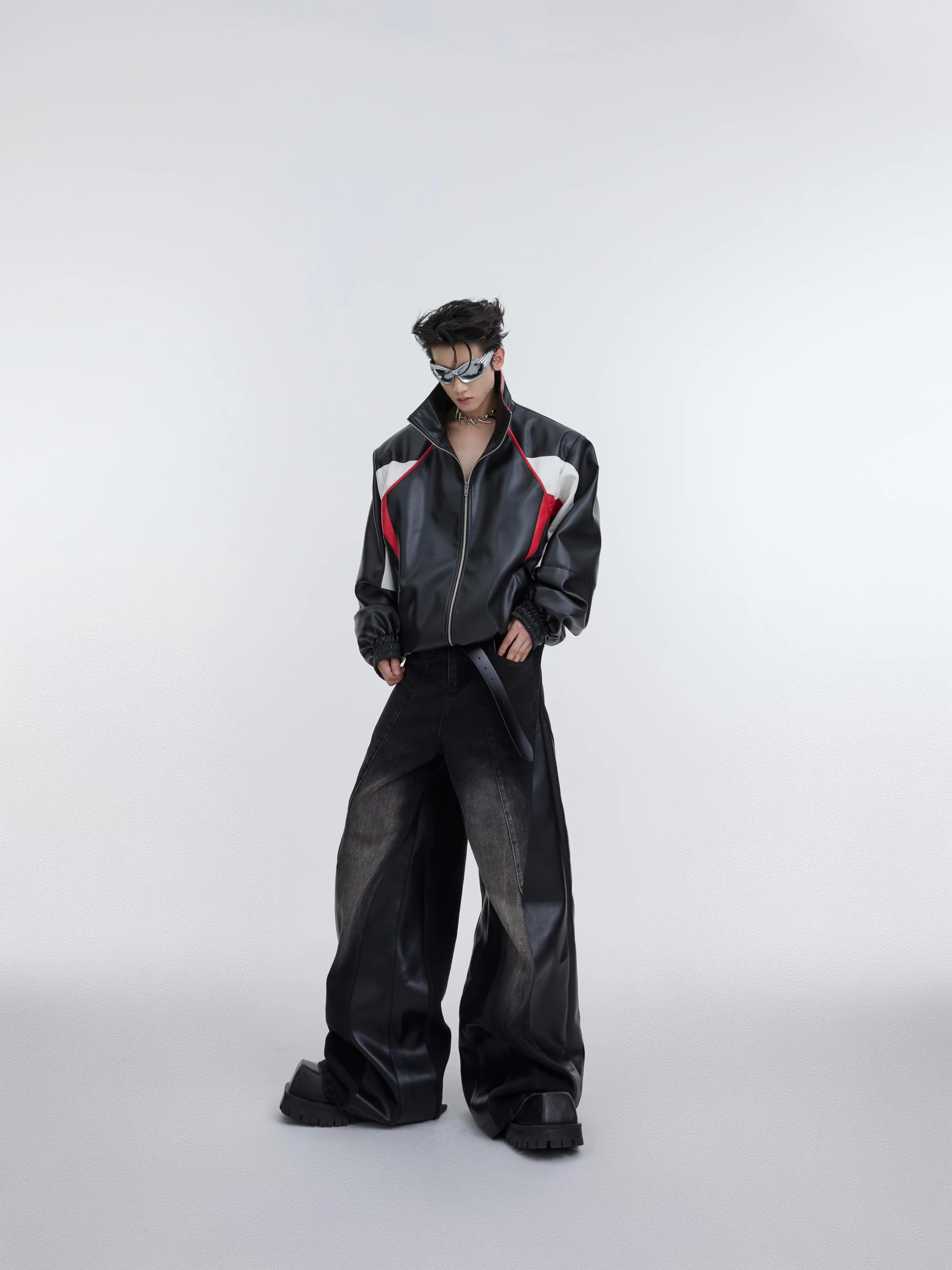 Retro Contrasting Color Patchwork Standing Collar PU Jacket for a bold and stylish look. Perfect for adding a unique tou — photo 4