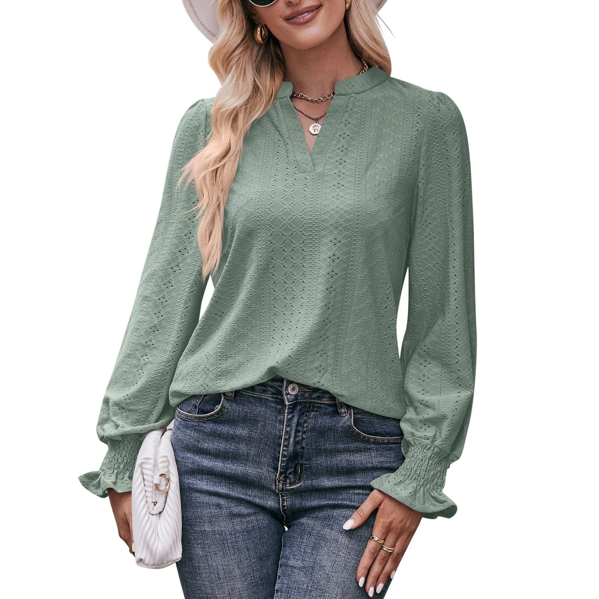 T-shirt europea e americana tinta unita con scollo a V — foto 23